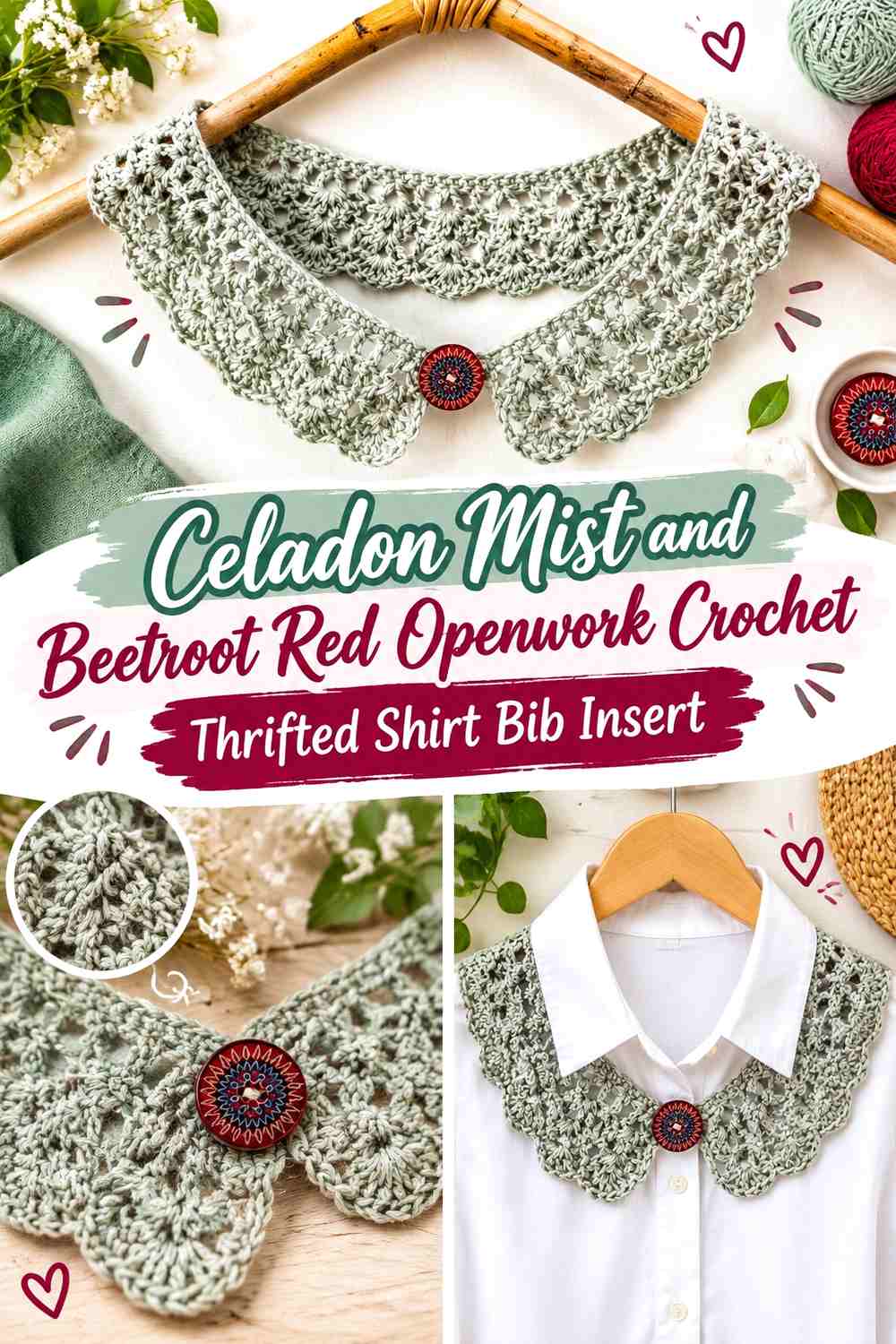 Celadon Mist and Beetroot Red Openwork Crochet Thrifted Shirt Bib Insert