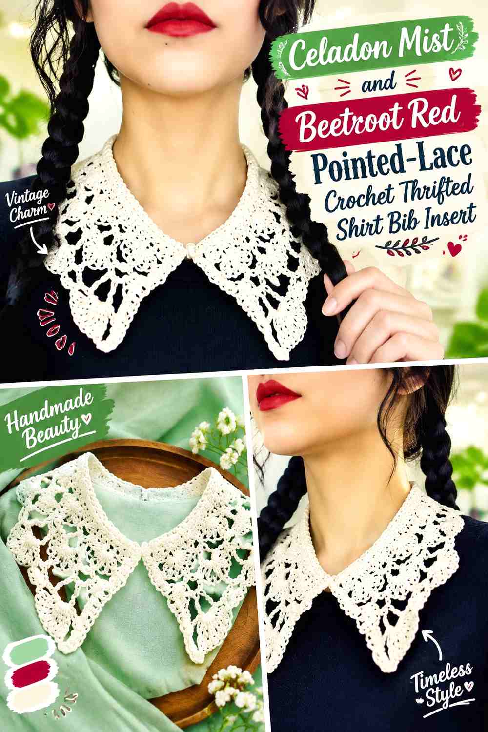 Celadon Mist and Beetroot Red Pointed-Lace Crochet Thrifted Shirt Bib Insert