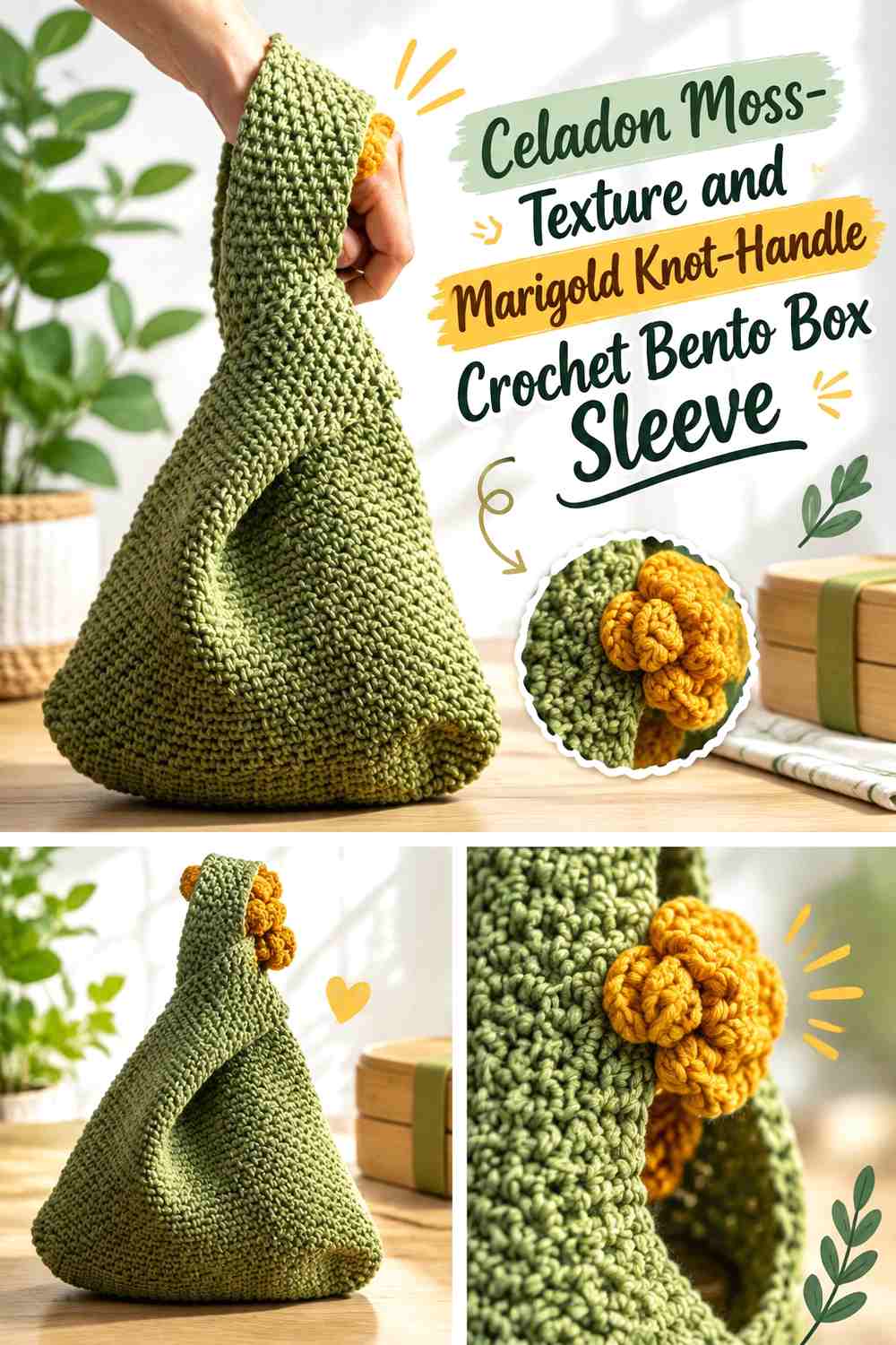 5. Celadon Moss Texture And Marigold Knot Handle Crochet Bento Box Sleeve