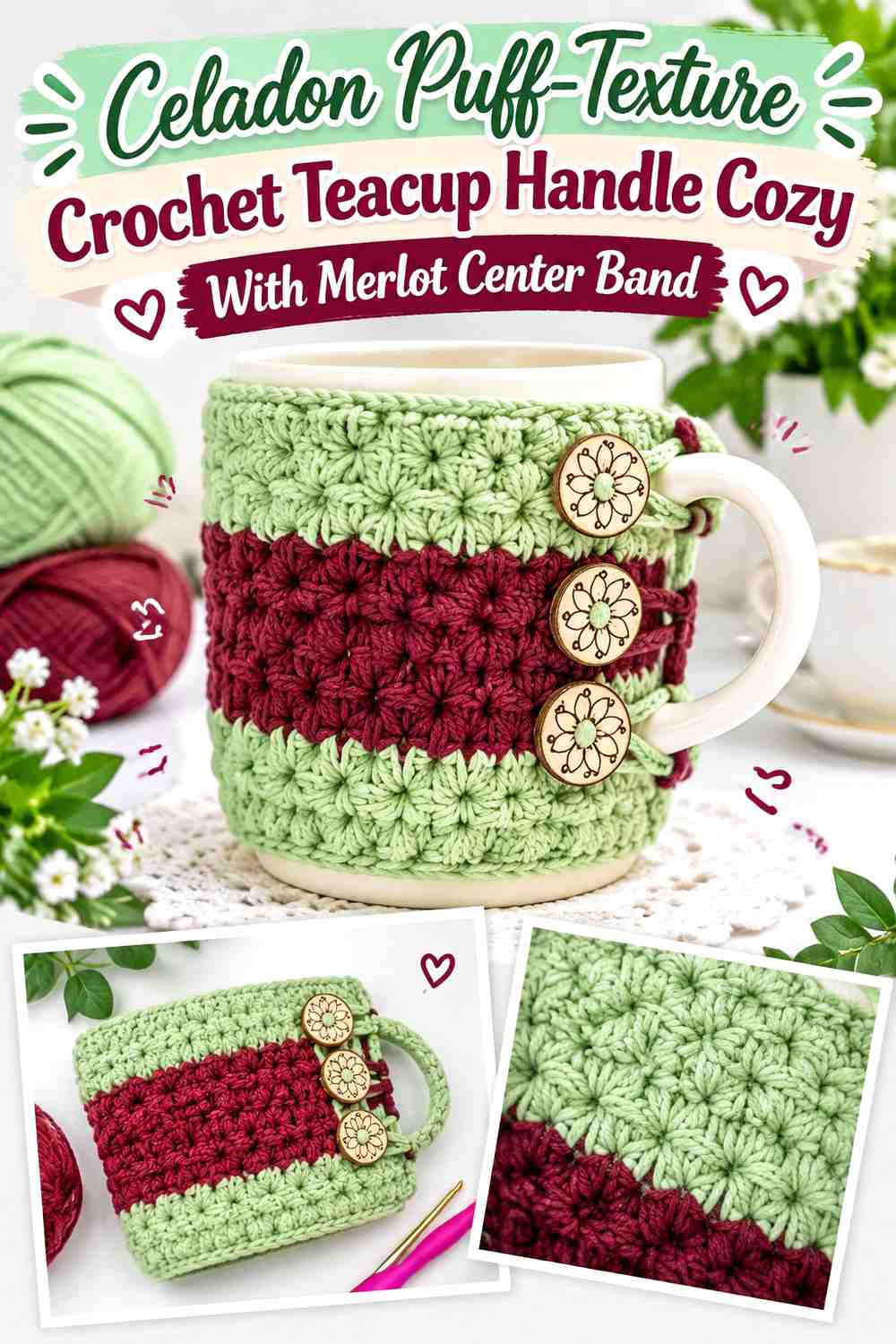 8. Celadon Puff Texture Crochet Teacup Handle Cozy With Merlot Center Band