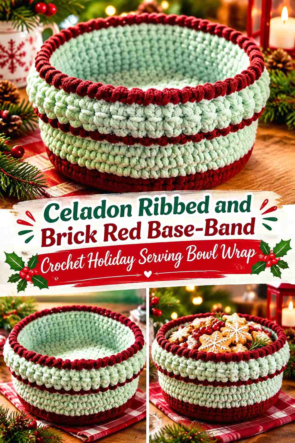12. Celadon Ribbed And Brick Red Base Band Crochet Holiday Serving Bowl Wrap