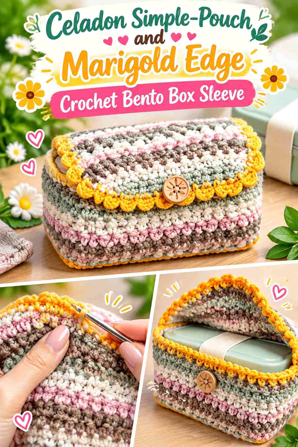 3. Celadon Simple Pouch And Marigold Edge Crochet Bento Box Sleeve