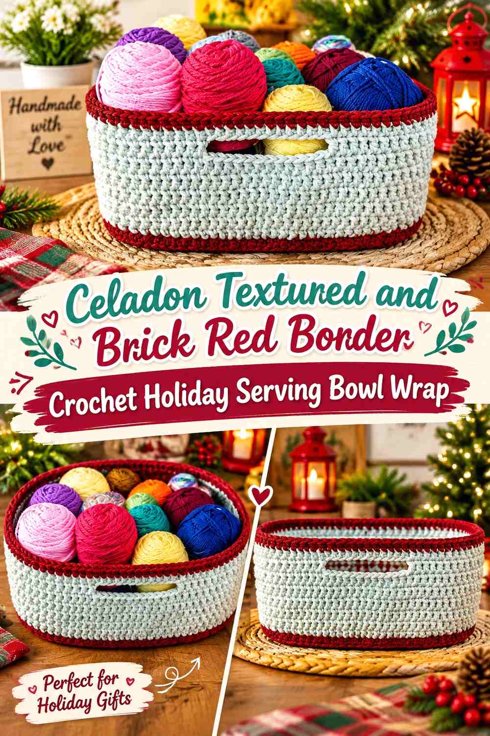 6. Celadon Textured And Brick Red Border Crochet Holiday Serving Bowl Wrap