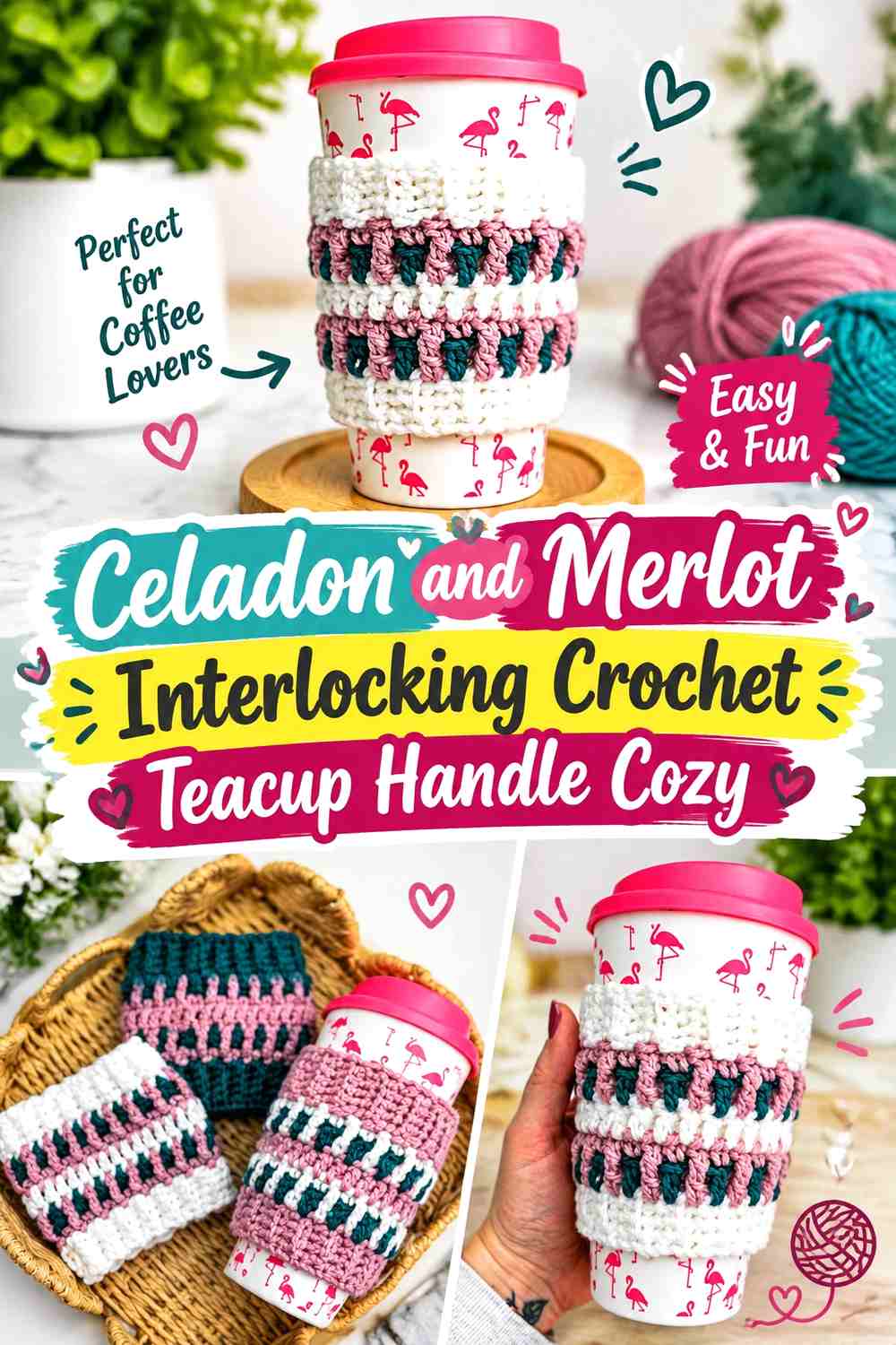 10. Celadon And Merlot Interlocking Crochet Teacup Handle Cozy