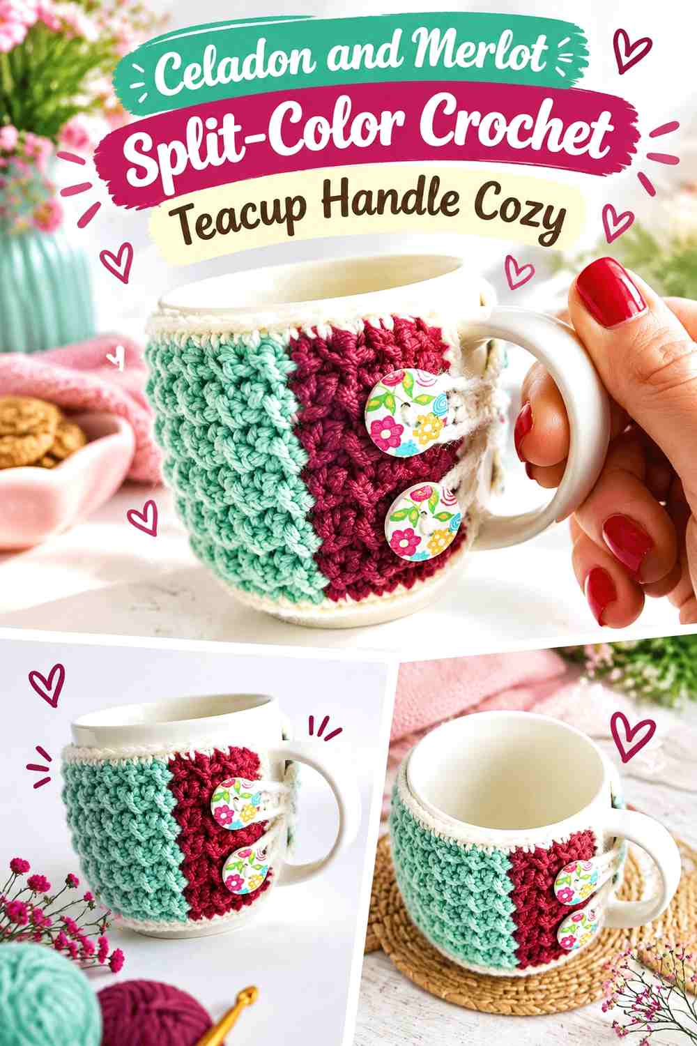 3. Celadon And Merlot Split Color Crochet Teacup Handle Cozy