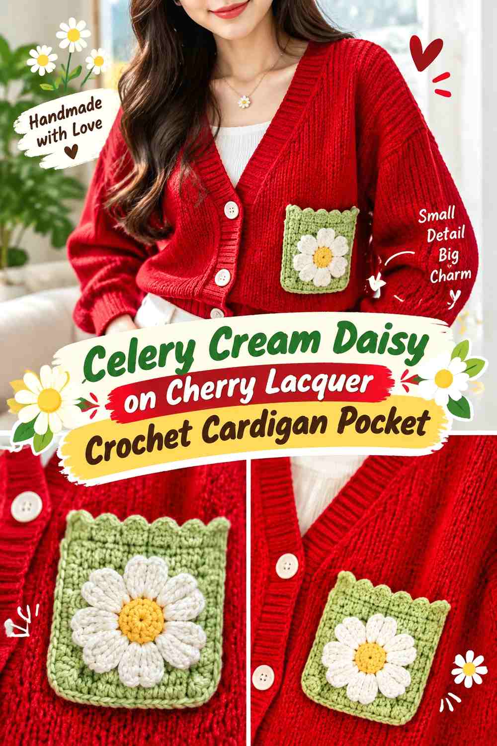 Celery Cream Daisy on Cherry Lacquer Crochet Cardigan Pocket