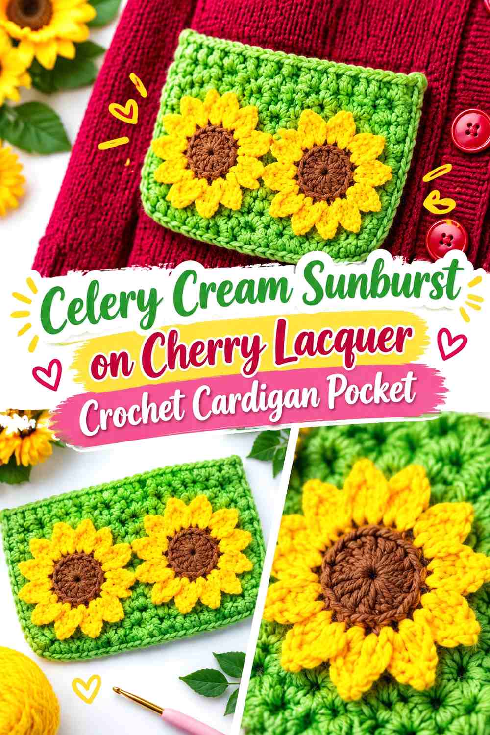 Celery Cream Sunburst on Cherry Lacquer Crochet Cardigan Pocket