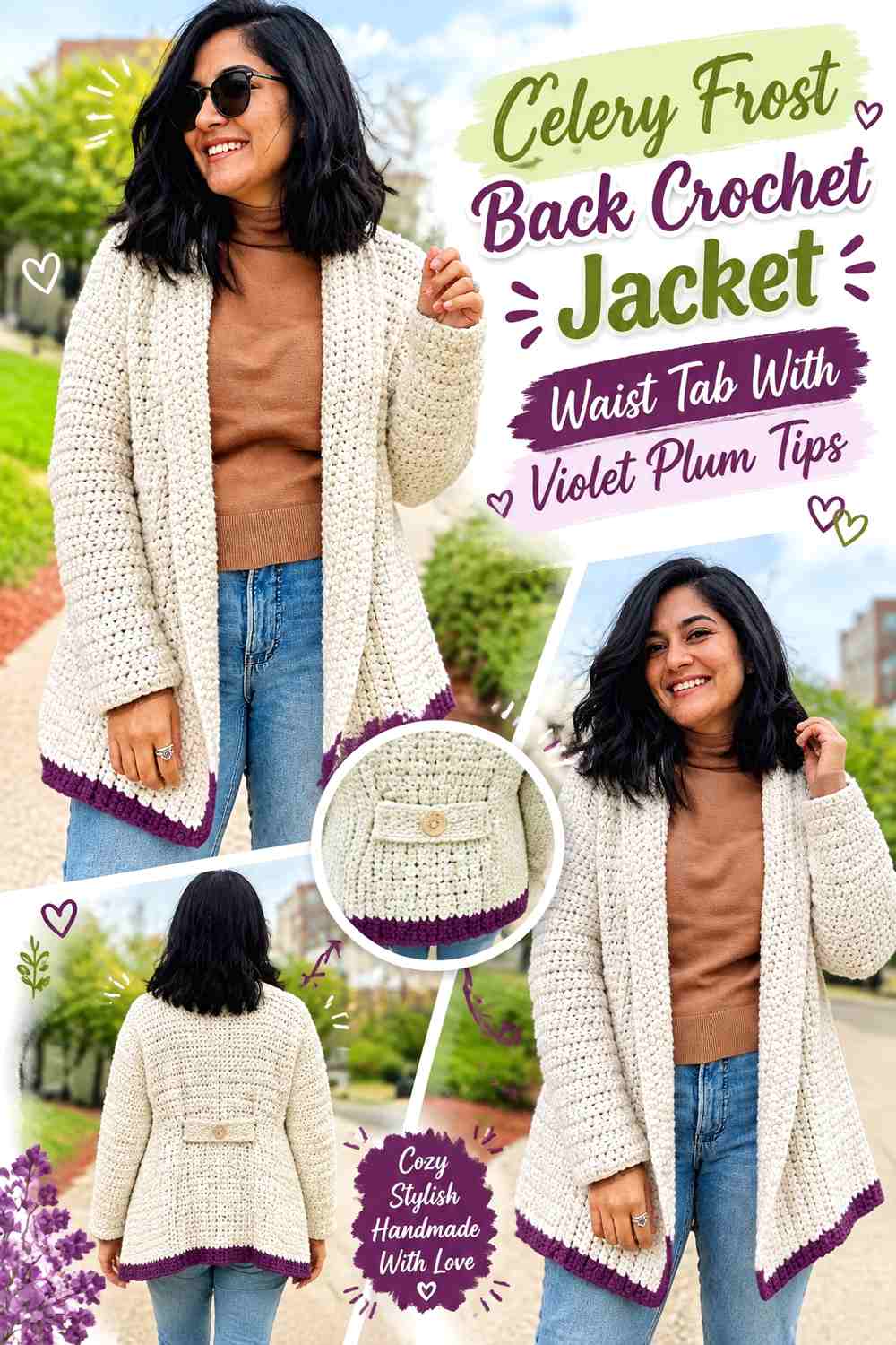Celery Frost Back Crochet Jacket Waist Tab With Violet Plum Tips