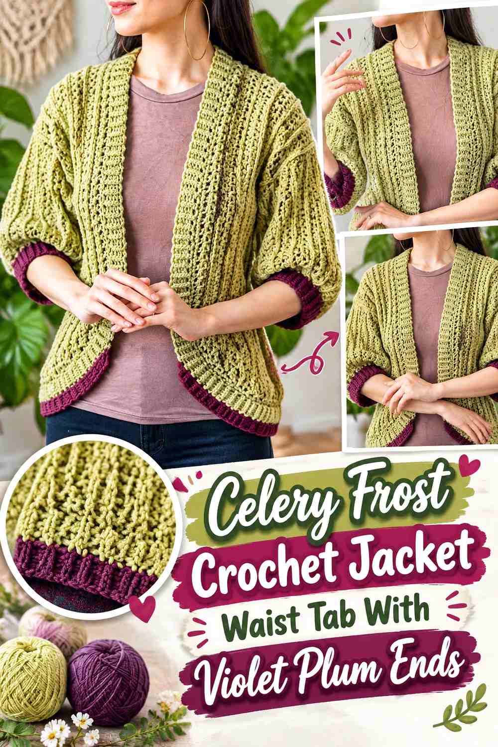 Celery Frost Crochet Jacket Waist Tab With Violet Plum Ends
