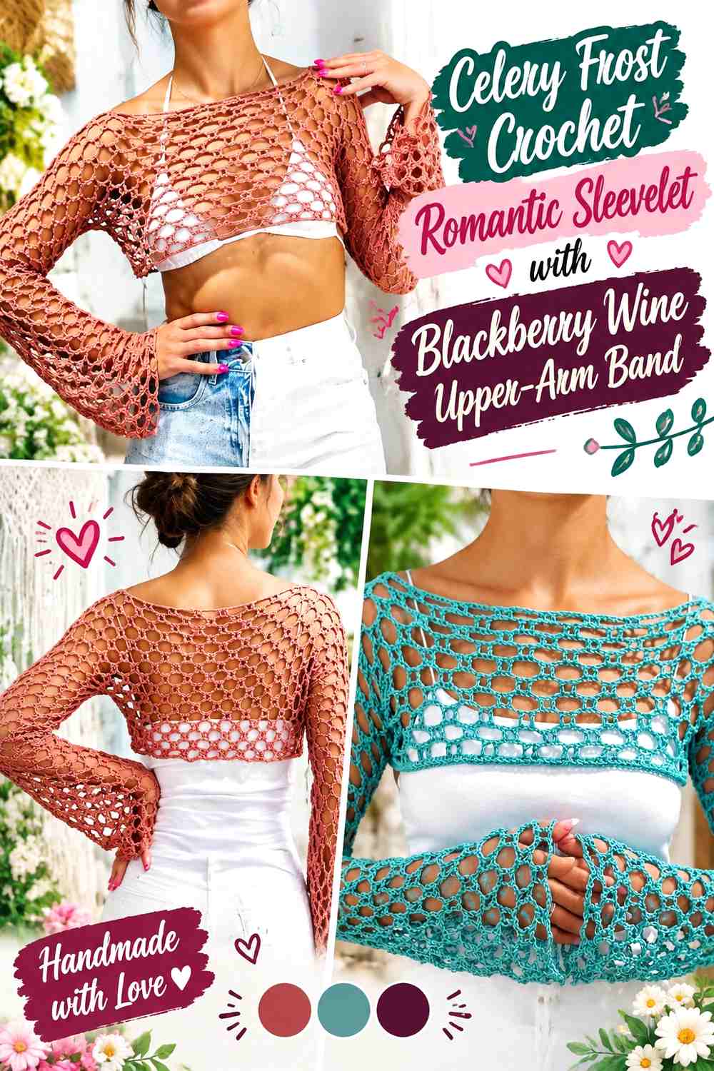 Celery Frost Crochet Romantic Sleevelet with Blackberry Wine Upper-Arm Band