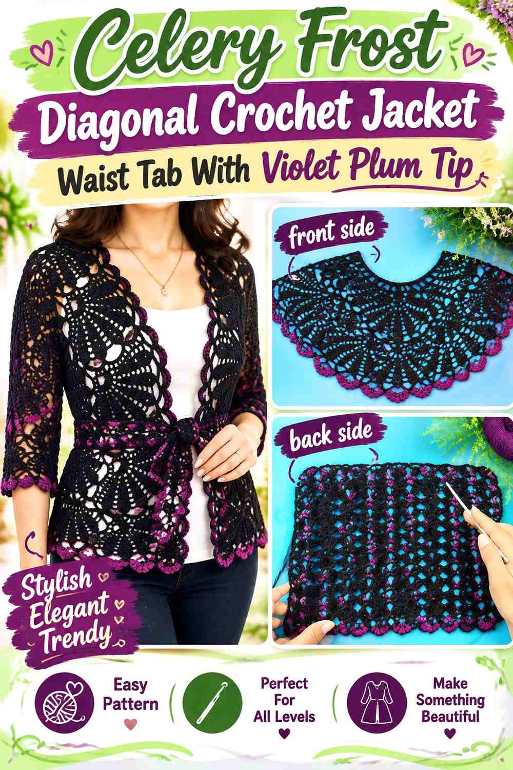 Celery Frost Diagonal Crochet Jacket Waist Tab With Violet Plum Tip