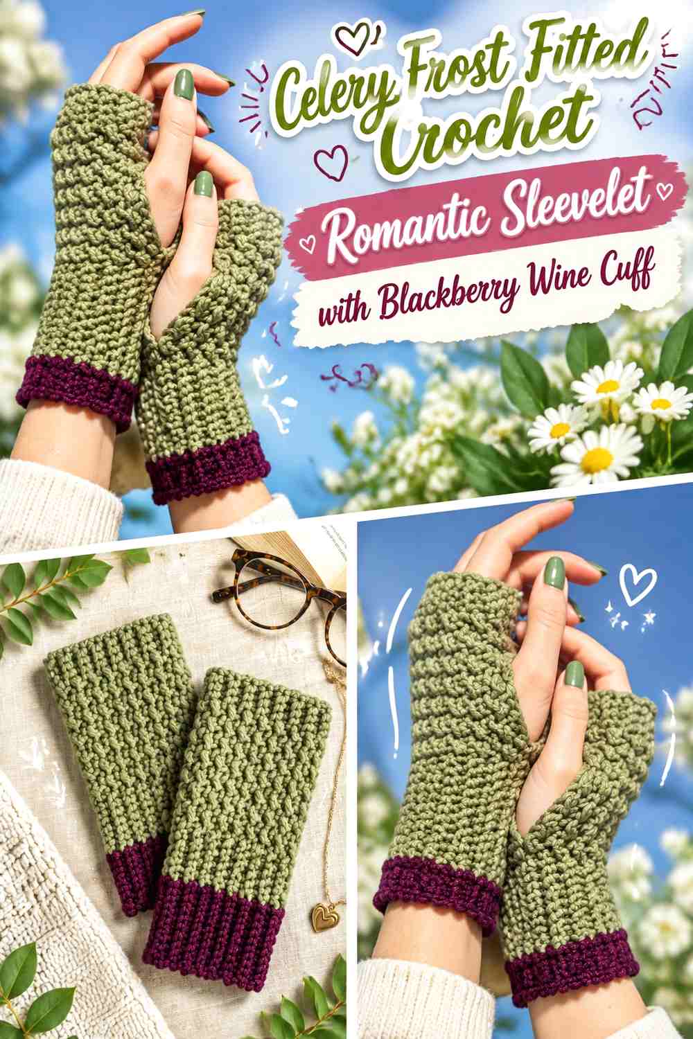 Celery Frost Fitted Crochet Romantic Sleevelet with Blackberry Wine Cuff