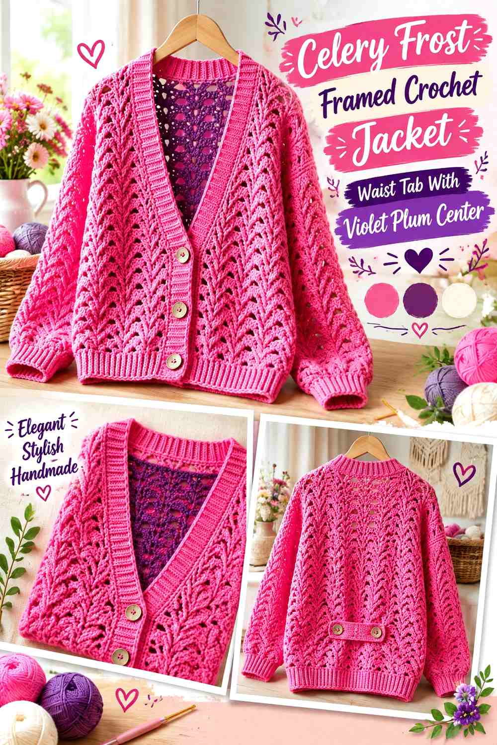 Celery Frost Framed Crochet Jacket Waist Tab With Violet Plum Center