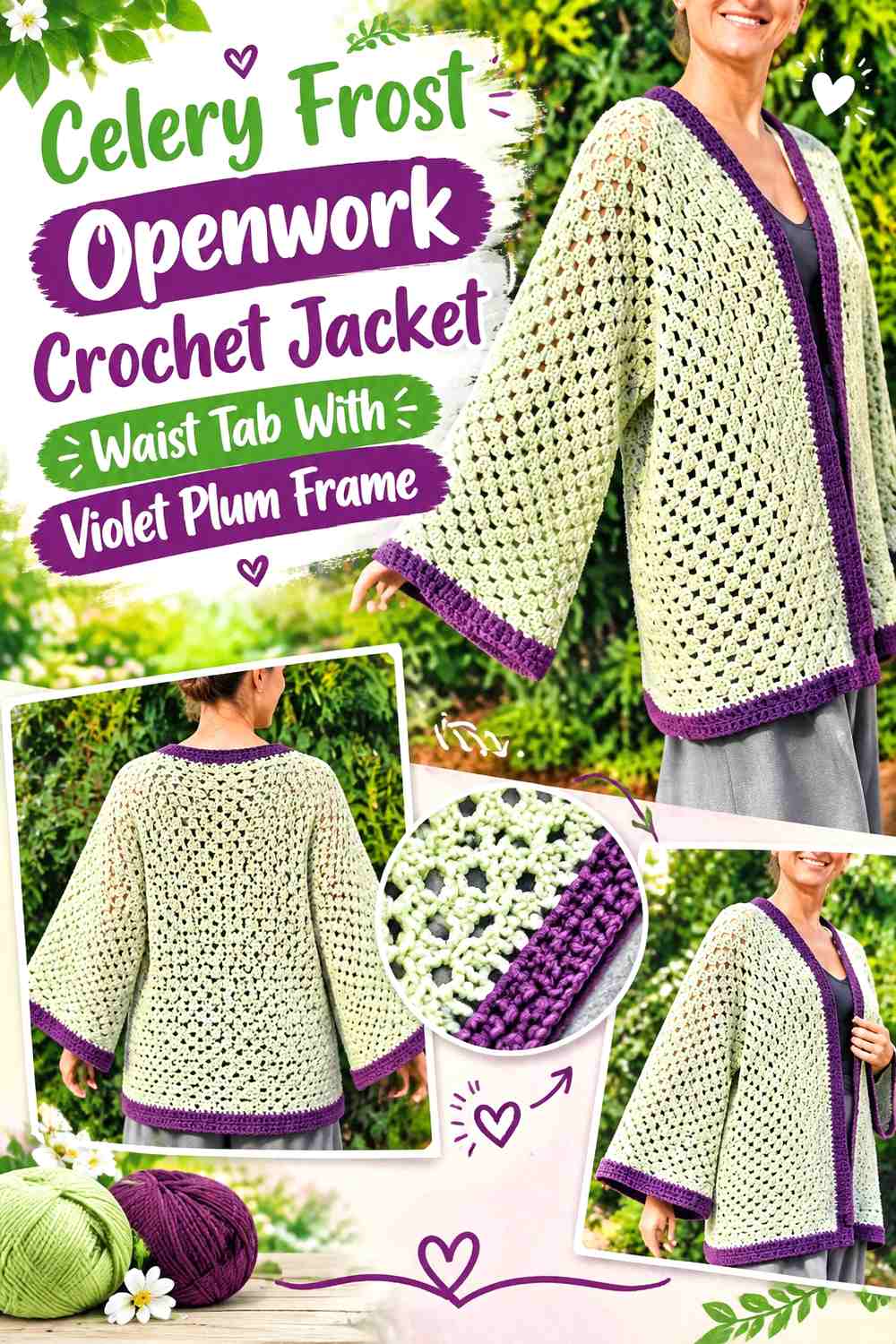 Celery Frost Openwork Crochet Jacket Waist Tab With Violet Plum Frame