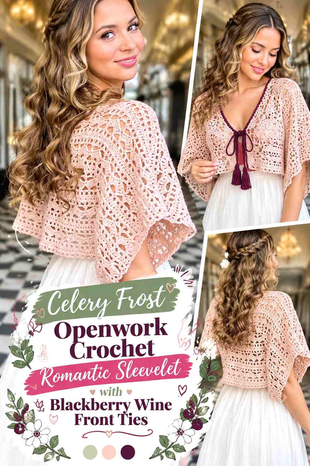 Celery Frost Openwork Crochet Romantic Sleevelet with Blackberry Wine Front Ties