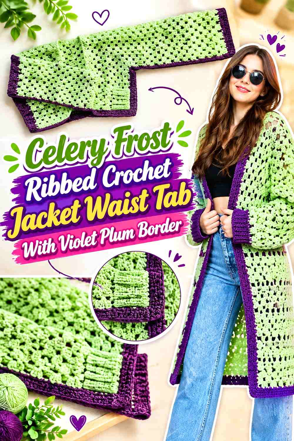 Celery Frost Ribbed Crochet Jacket Waist Tab With Violet Plum Border