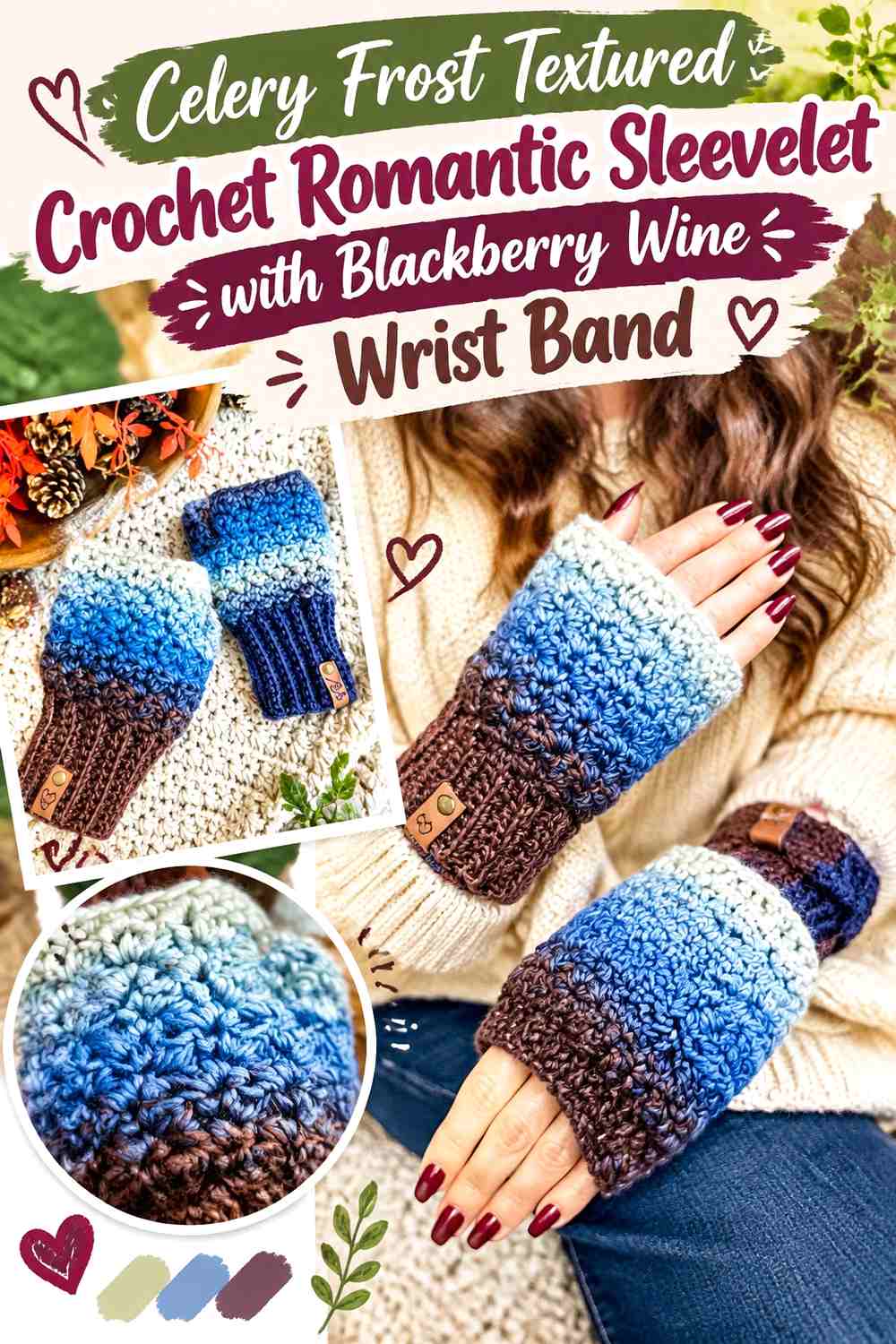 Celery Frost Textured Crochet Romantic Sleevelet with Blackberry Wine Wrist Band