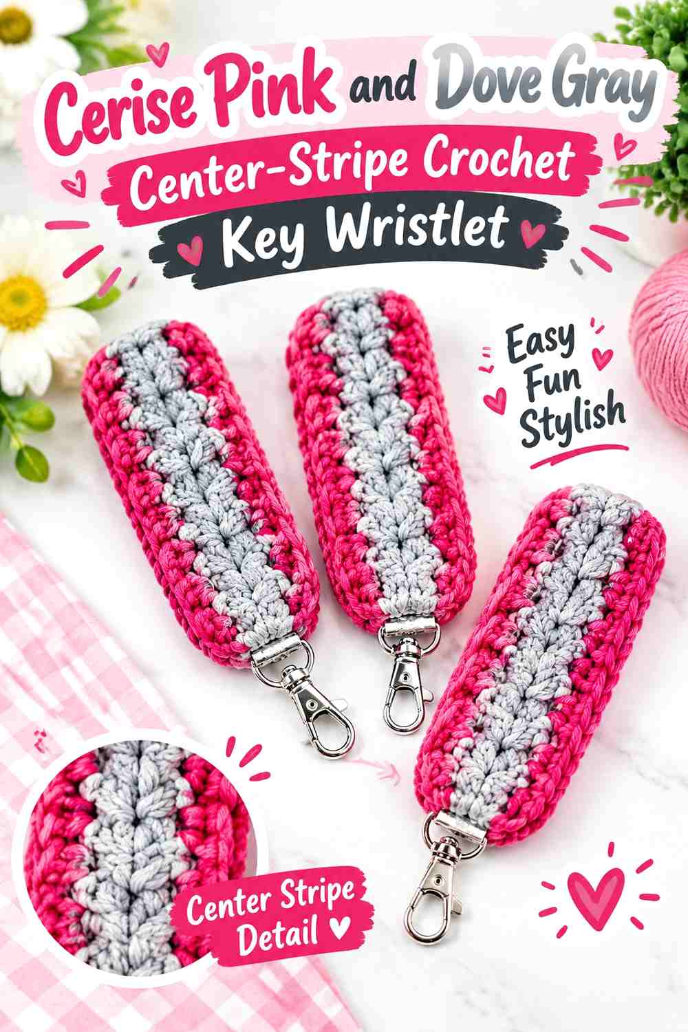 Cerise Pink and Dove Gray Center Stripe Crochet Key Wristlet