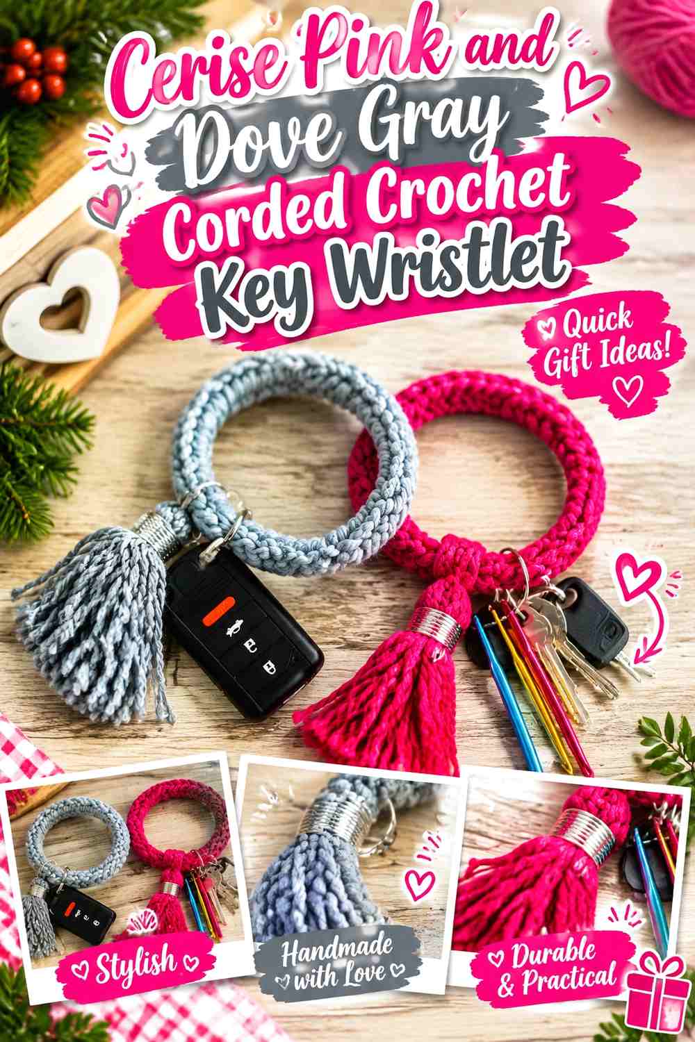 Cerise Pink and Dove Gray Corded Crochet Key Wristlet