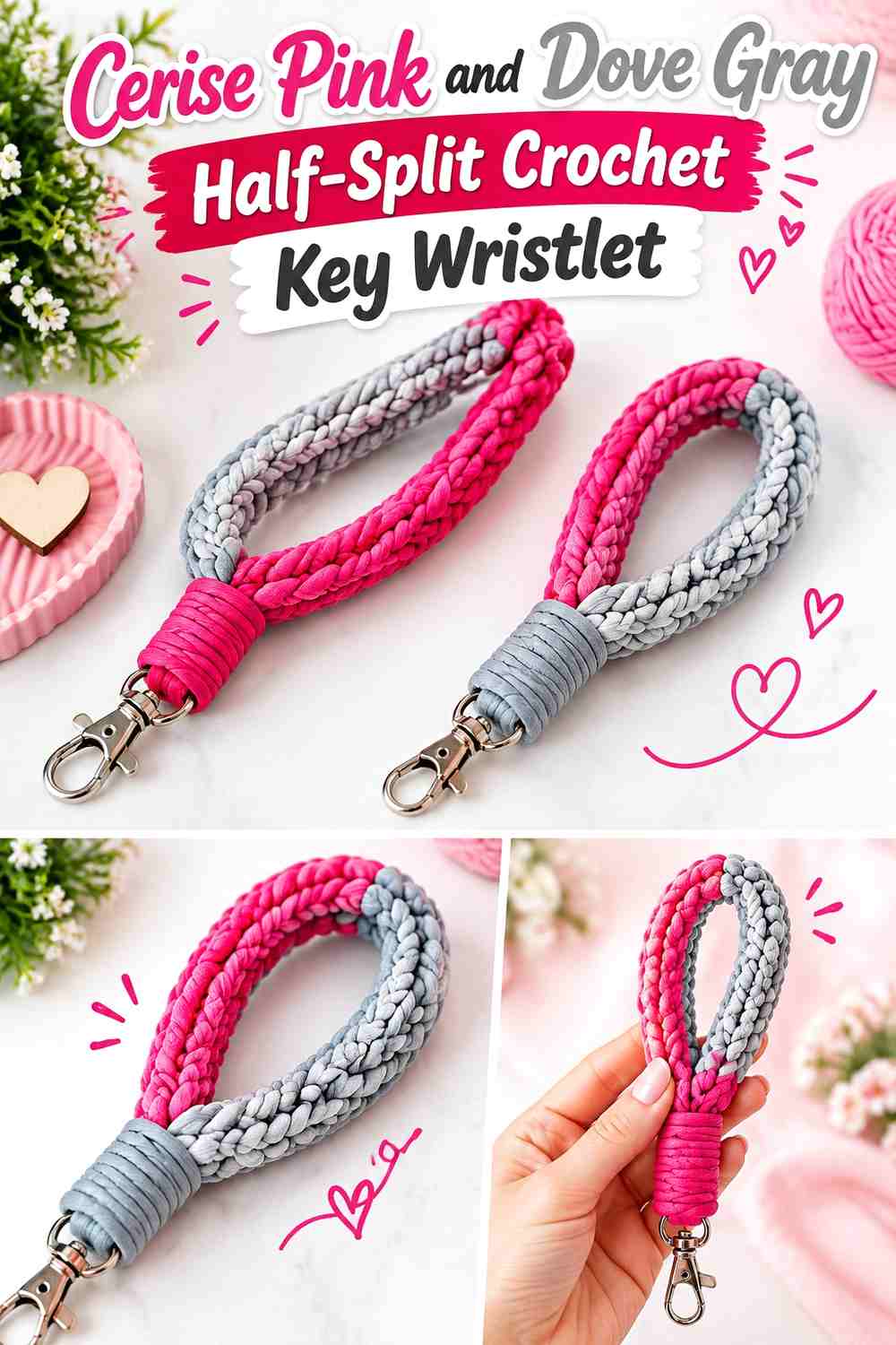 Cerise Pink and Dove Gray Half Split Crochet Key Wristlet