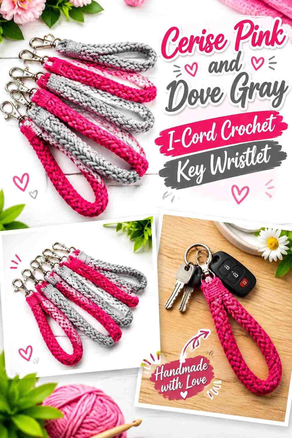 Cerise Pink and Dove Gray I Cord Crochet Key Wristlet
