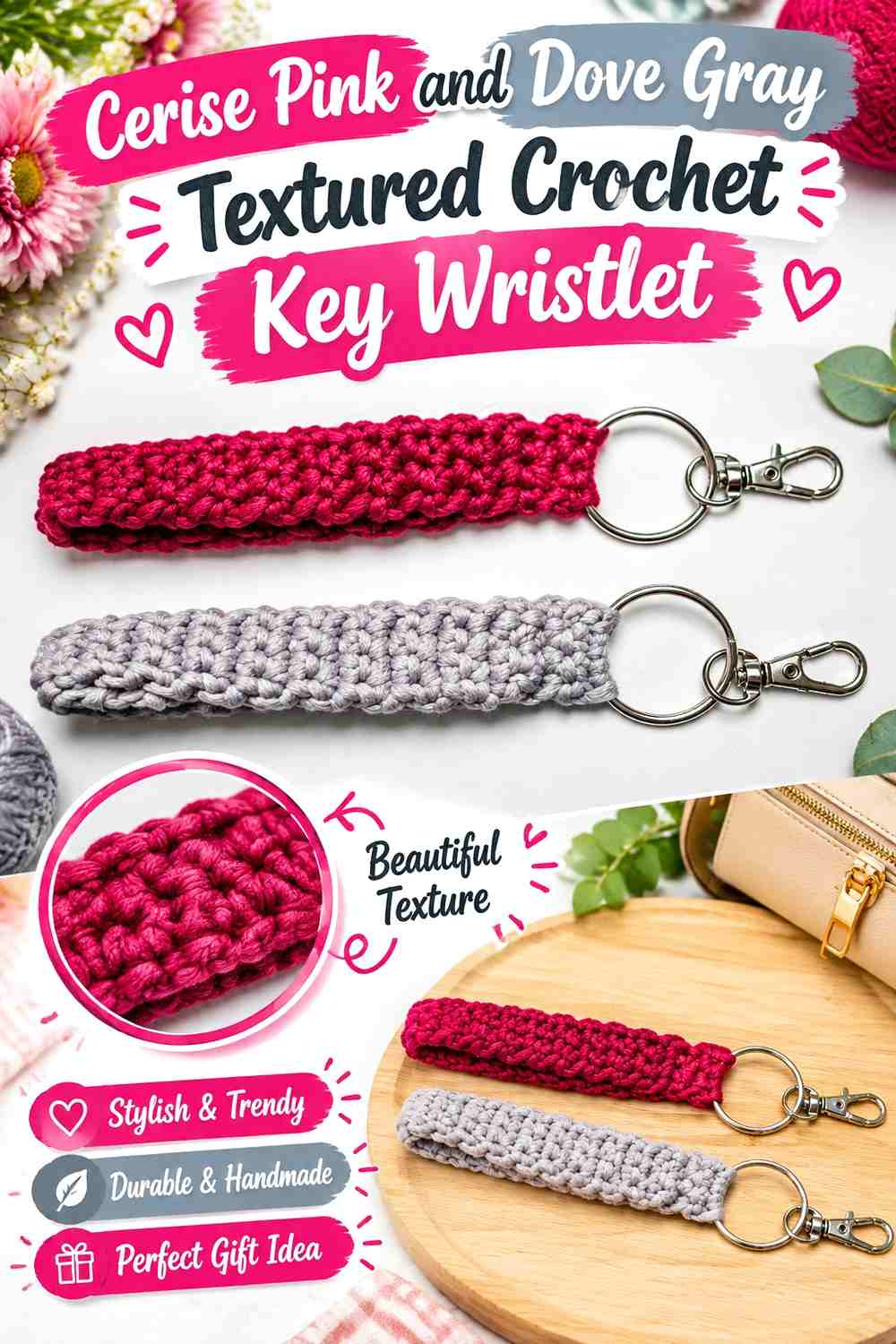 Cerise Pink and Dove Gray Textured Crochet Key Wristlet