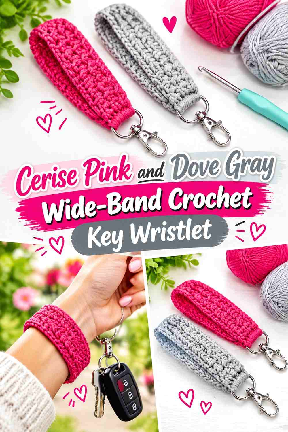 Cerise Pink and Dove Gray Wide Band Crochet Key Wristlet