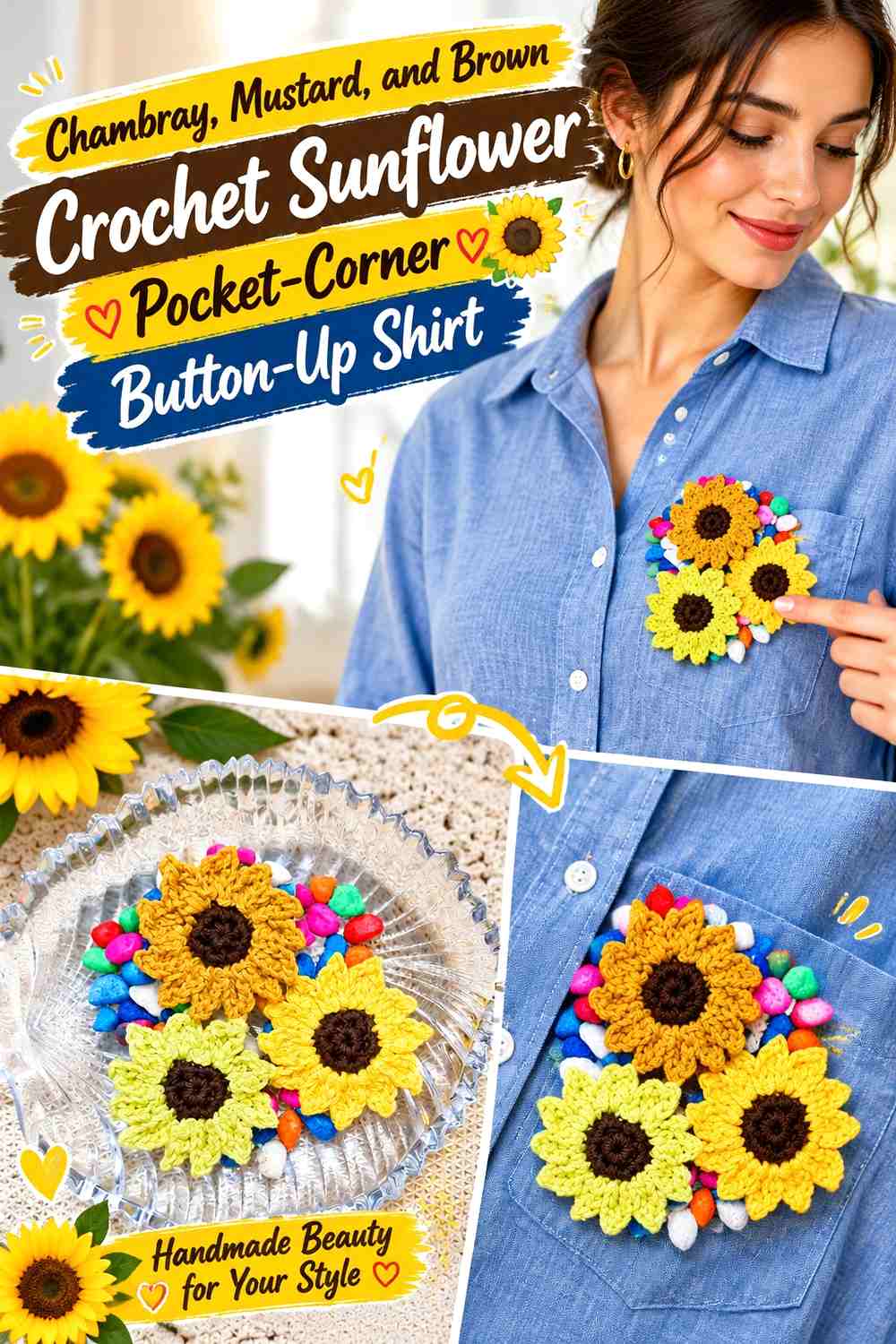 Chambray, Mustard, and Brown Crochet Sunflower Pocket-Corner Button-Up Shirt