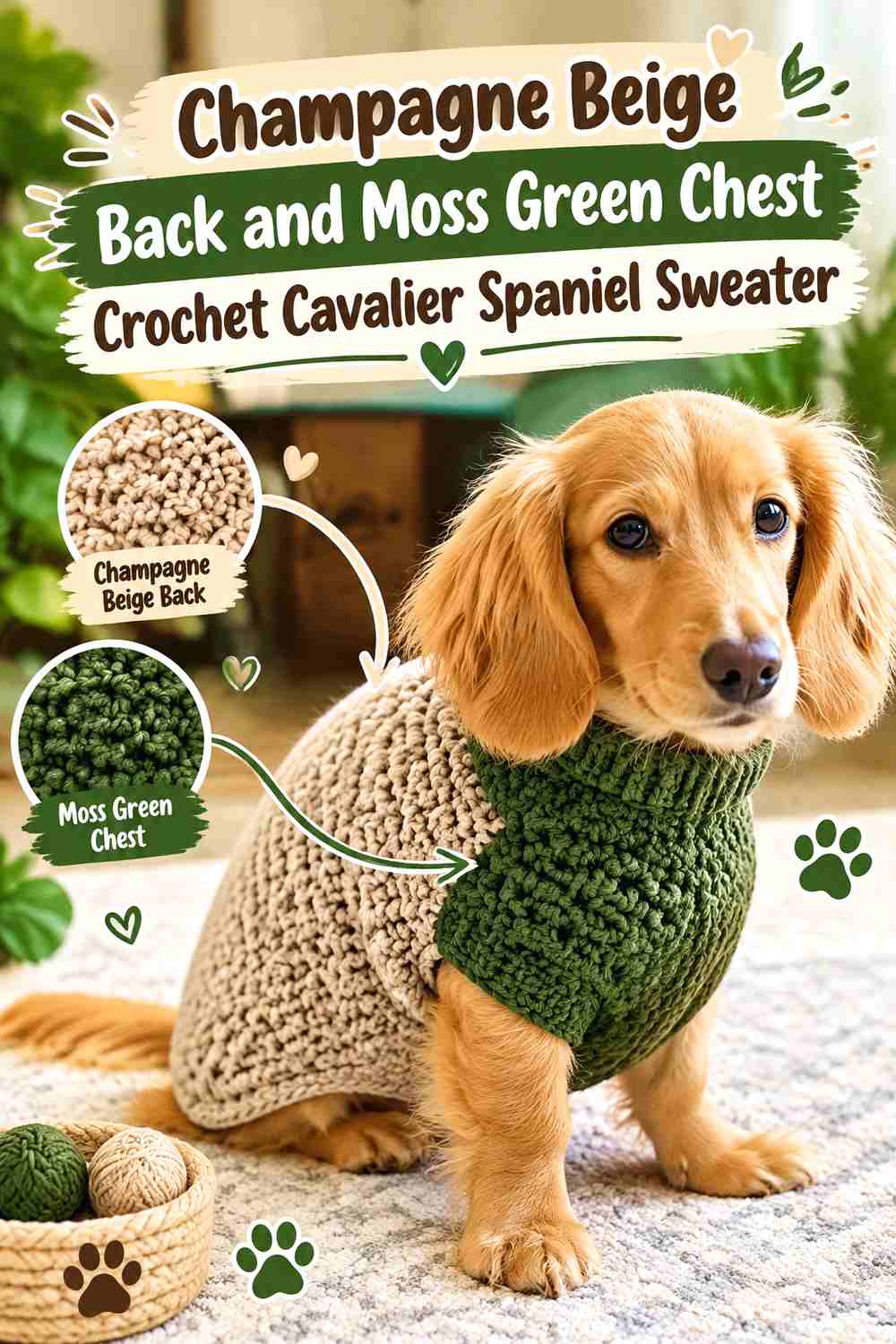 Champagne Beige Back and Moss Green Chest Crochet Cavalier Spaniel Sweater