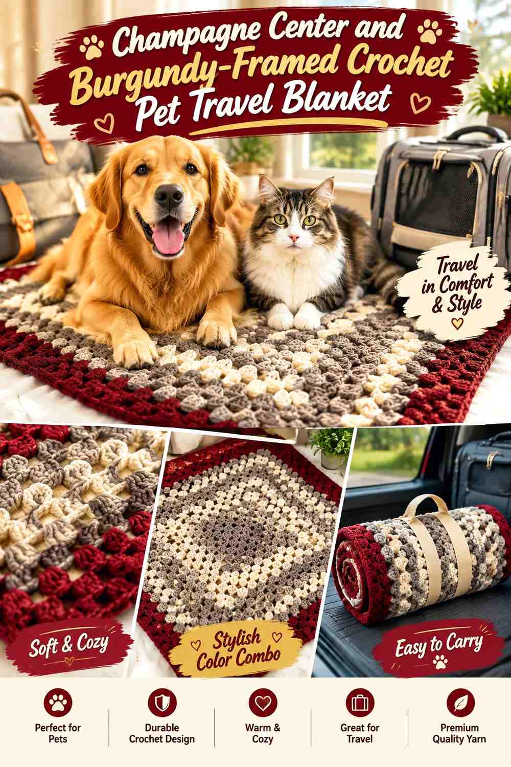 Champagne Center and Burgundy-Framed Crochet Pet Travel Blanket