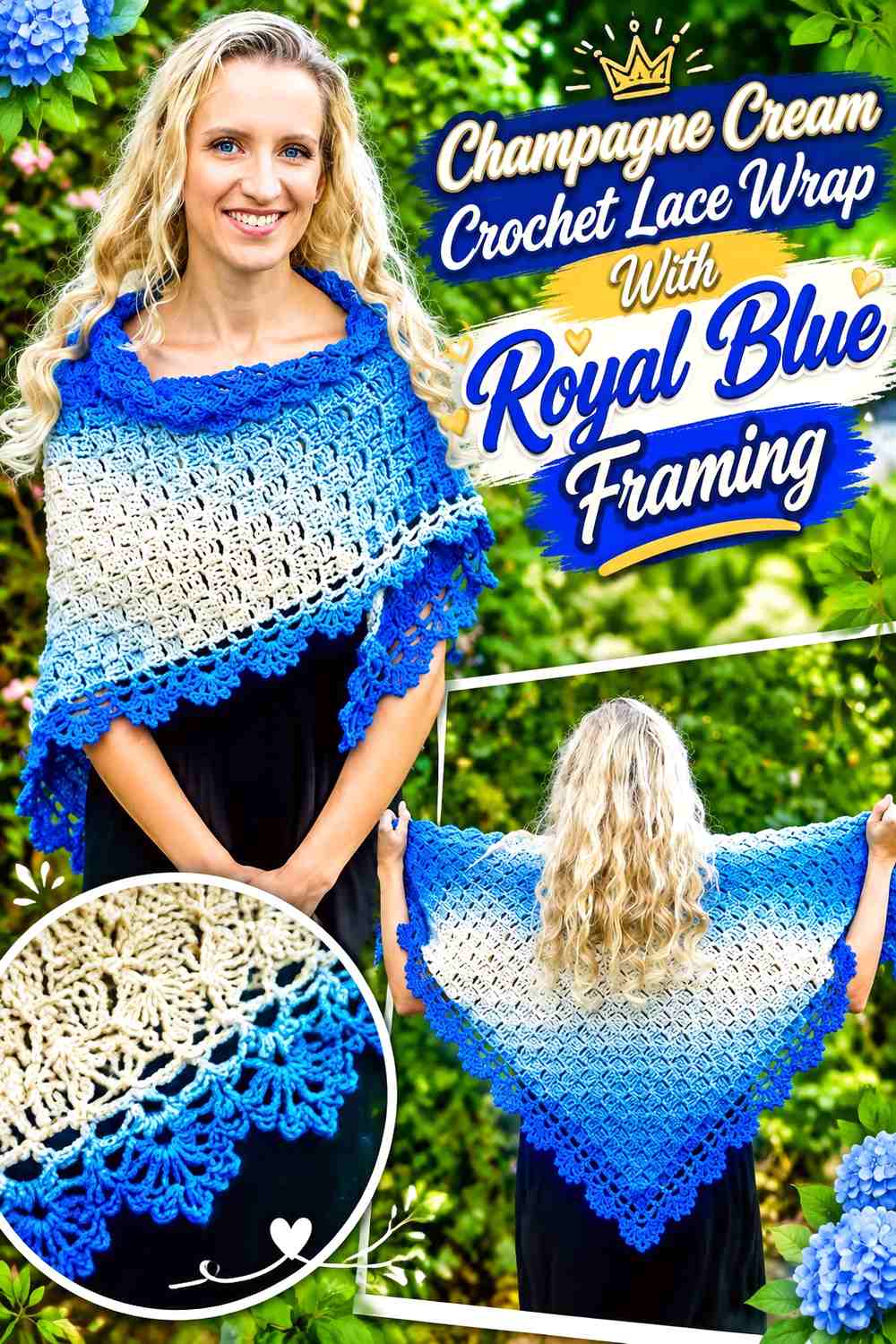 Champagne Cream Crochet Lace Wrap With Royal Blue Framing
