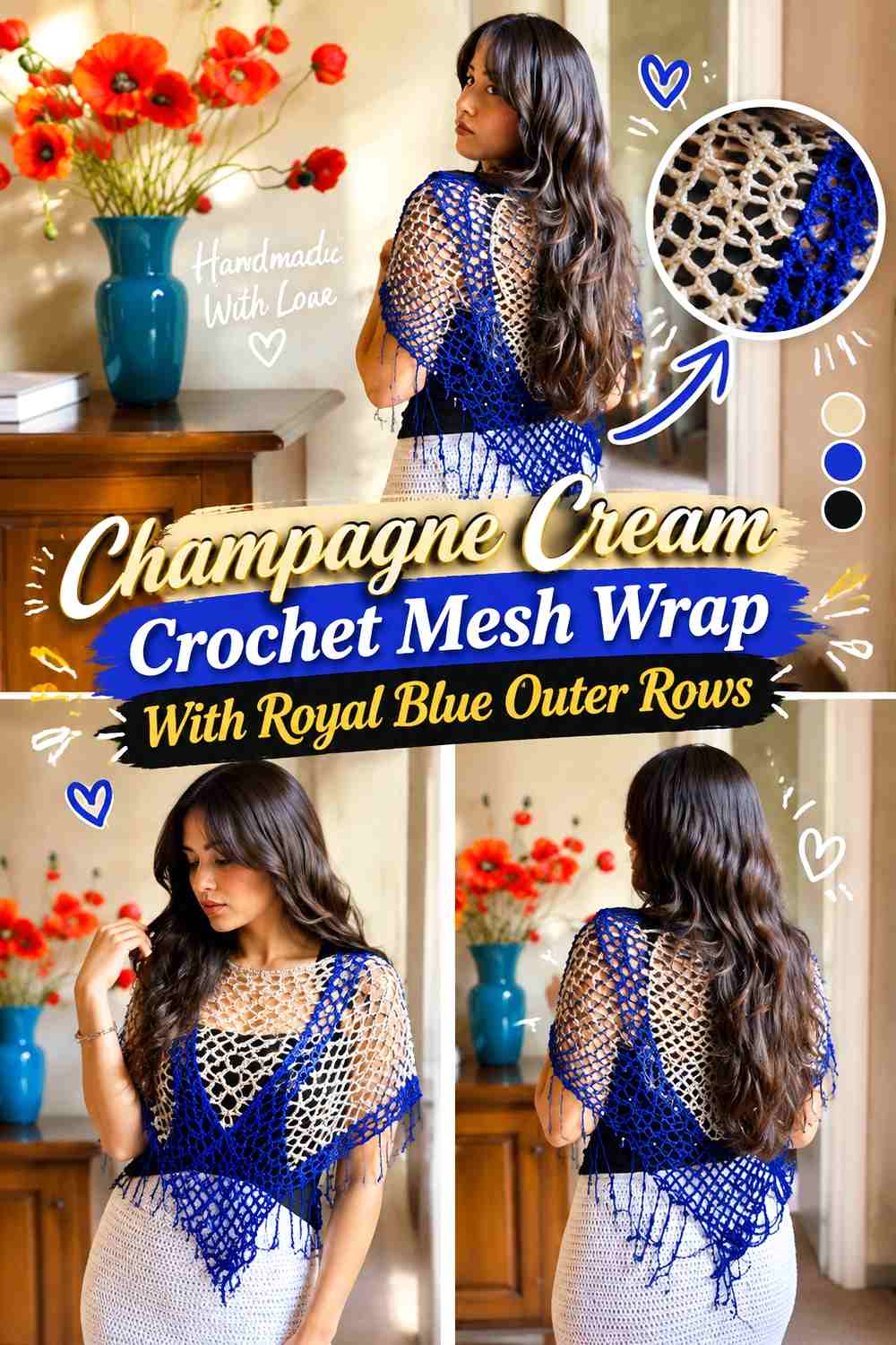 Champagne Cream Crochet Mesh Wrap With Royal Blue Outer Rows
