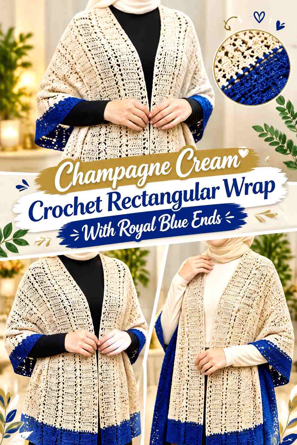 Champagne Cream Crochet Rectangular Wrap With Royal Blue Ends