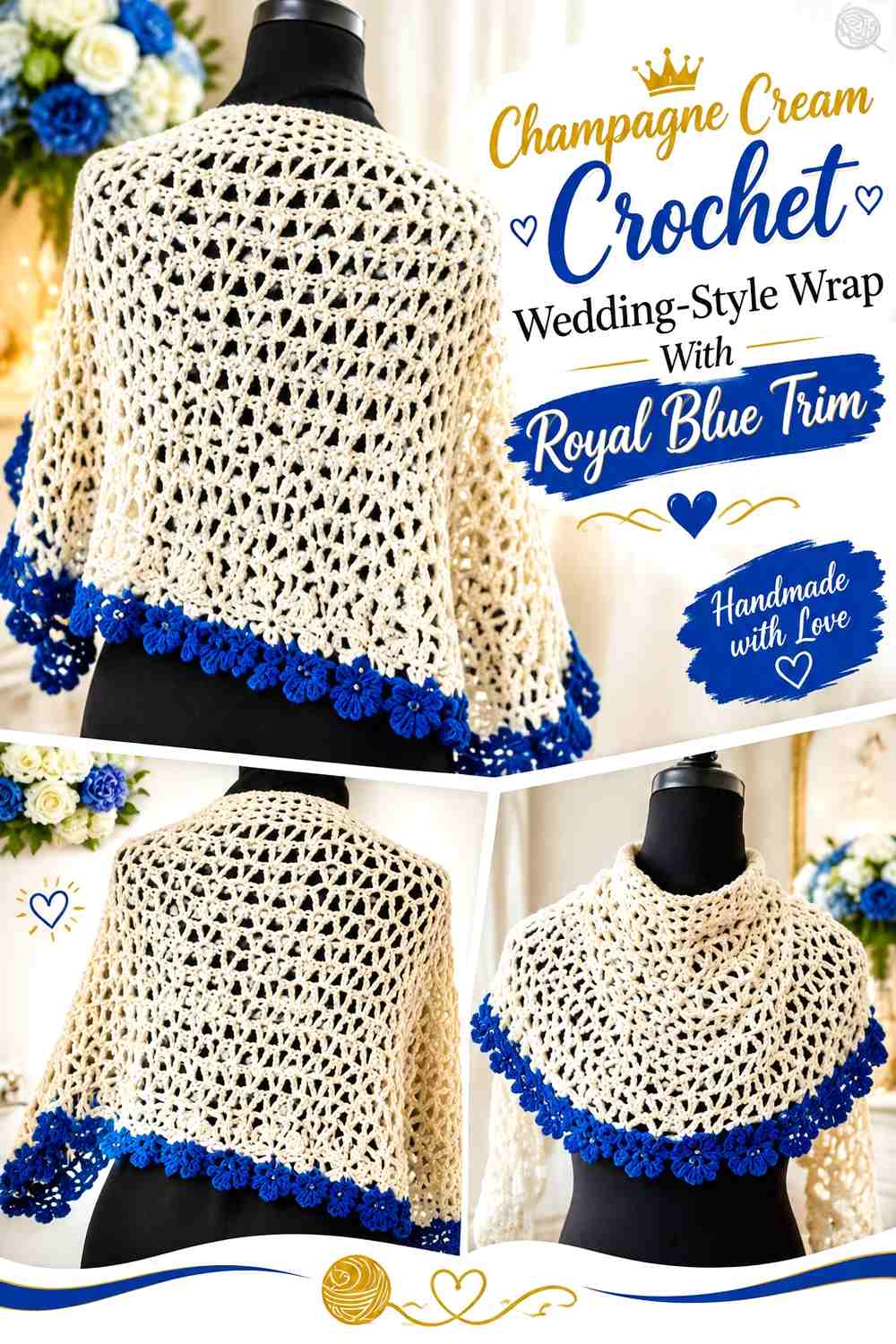 Champagne Cream Crochet Wedding-Style Wrap With Royal Blue Trim
