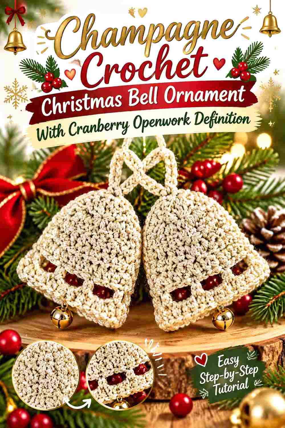 4. Champagne Crochet Christmas Bell Ornament With Cranberry Openwork Definition