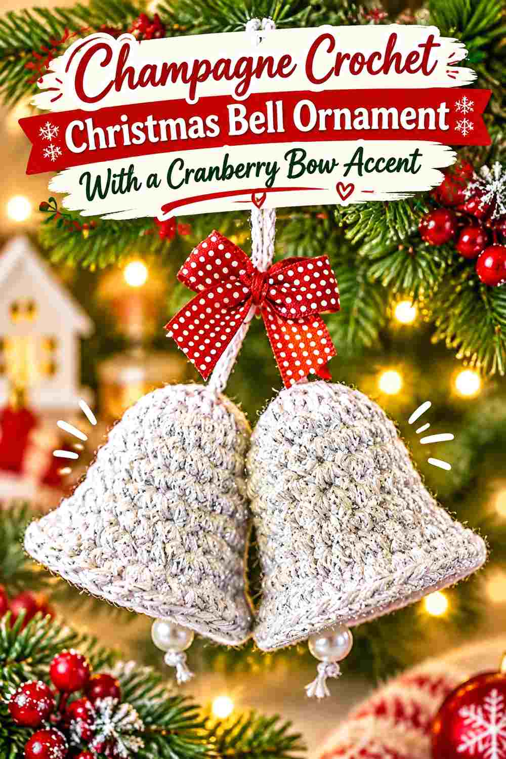 2. Champagne Crochet Christmas Bell Ornament With A Cranberry Bow Accent