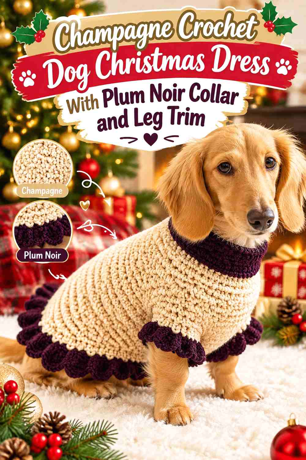 Champagne Crochet Dog Christmas Dress With Plum Noir Collar and Leg Trim