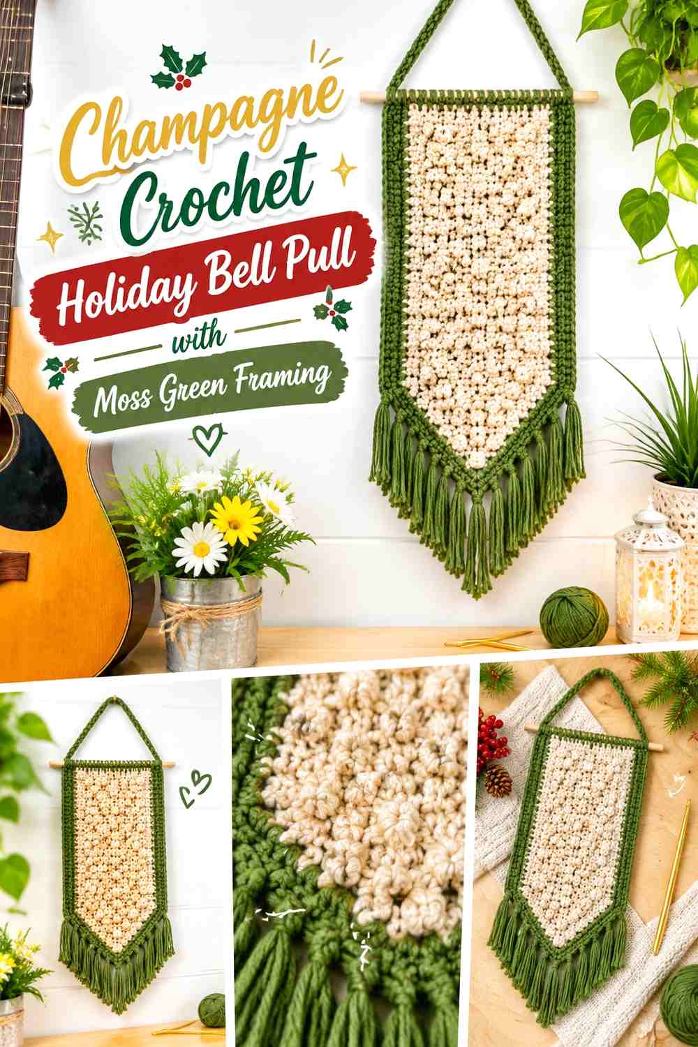 2. Champagne Crochet Holiday Bell Pull With Moss Green Framing
