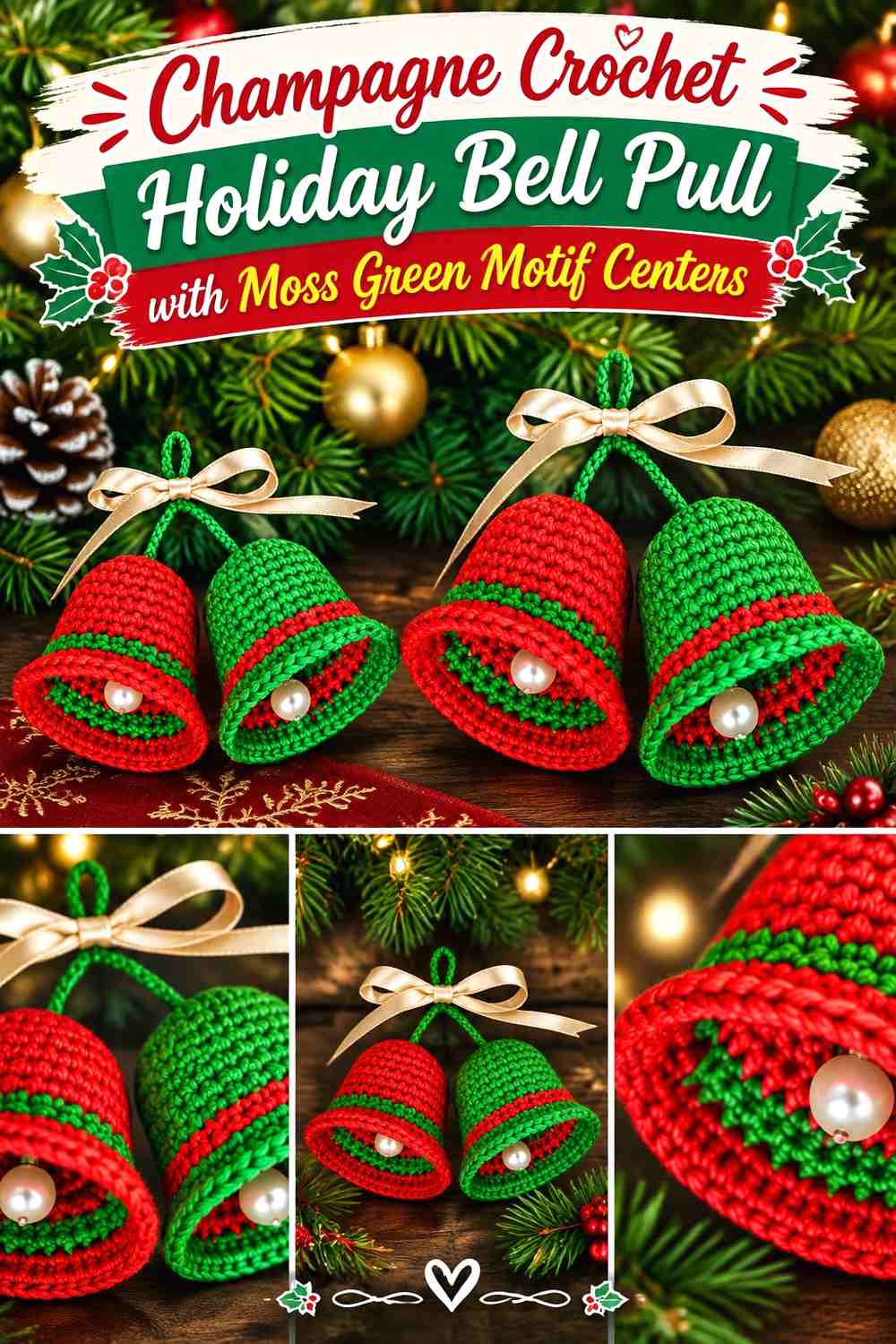 11. Champagne Crochet Holiday Bell Pull With Moss Green Motif Centers