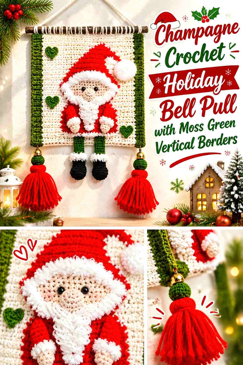 8. Champagne Crochet Holiday Bell Pull With Moss Green Vertical Borders