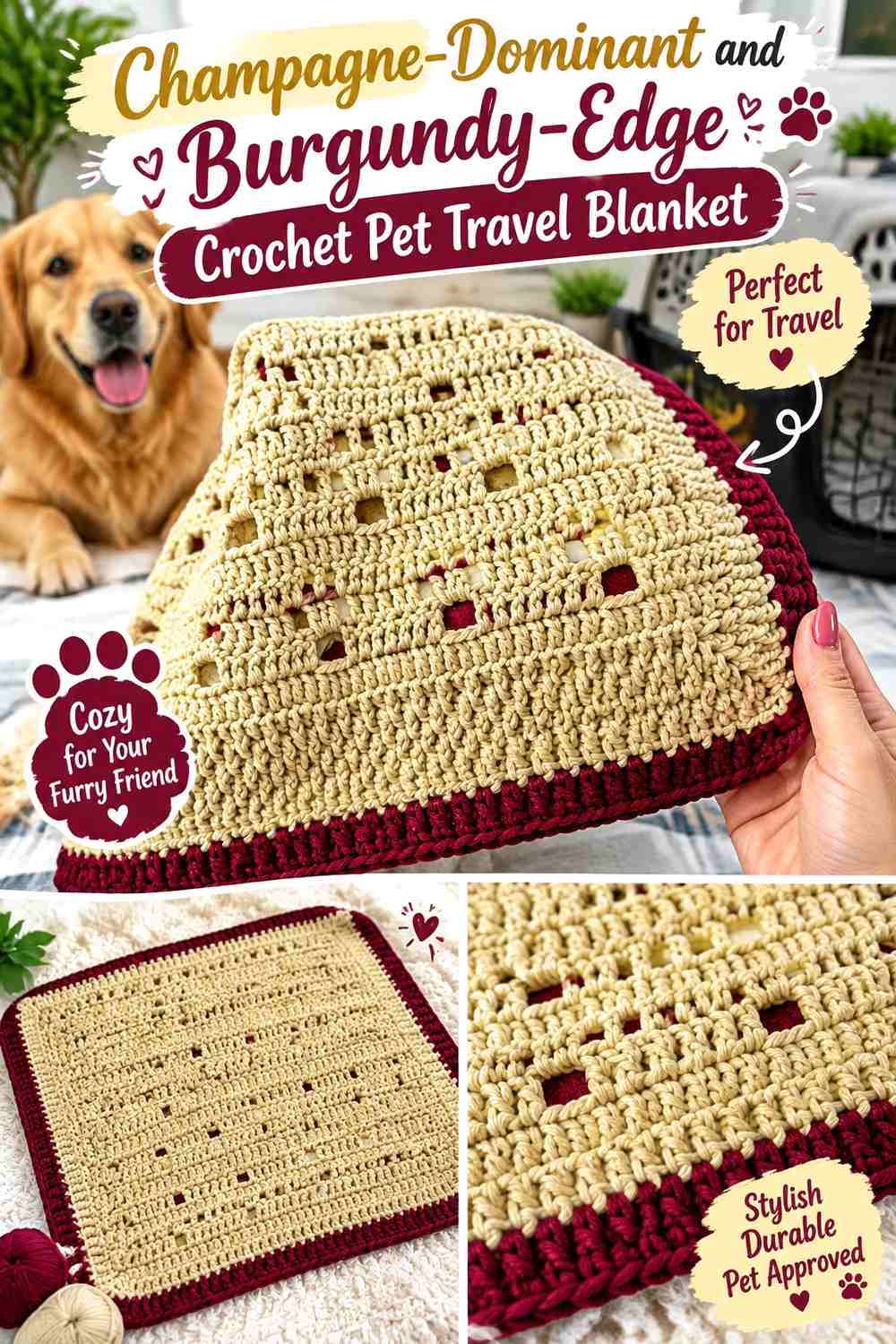 Champagne-Dominant and Burgundy-Edge Crochet Pet Travel Blanket
