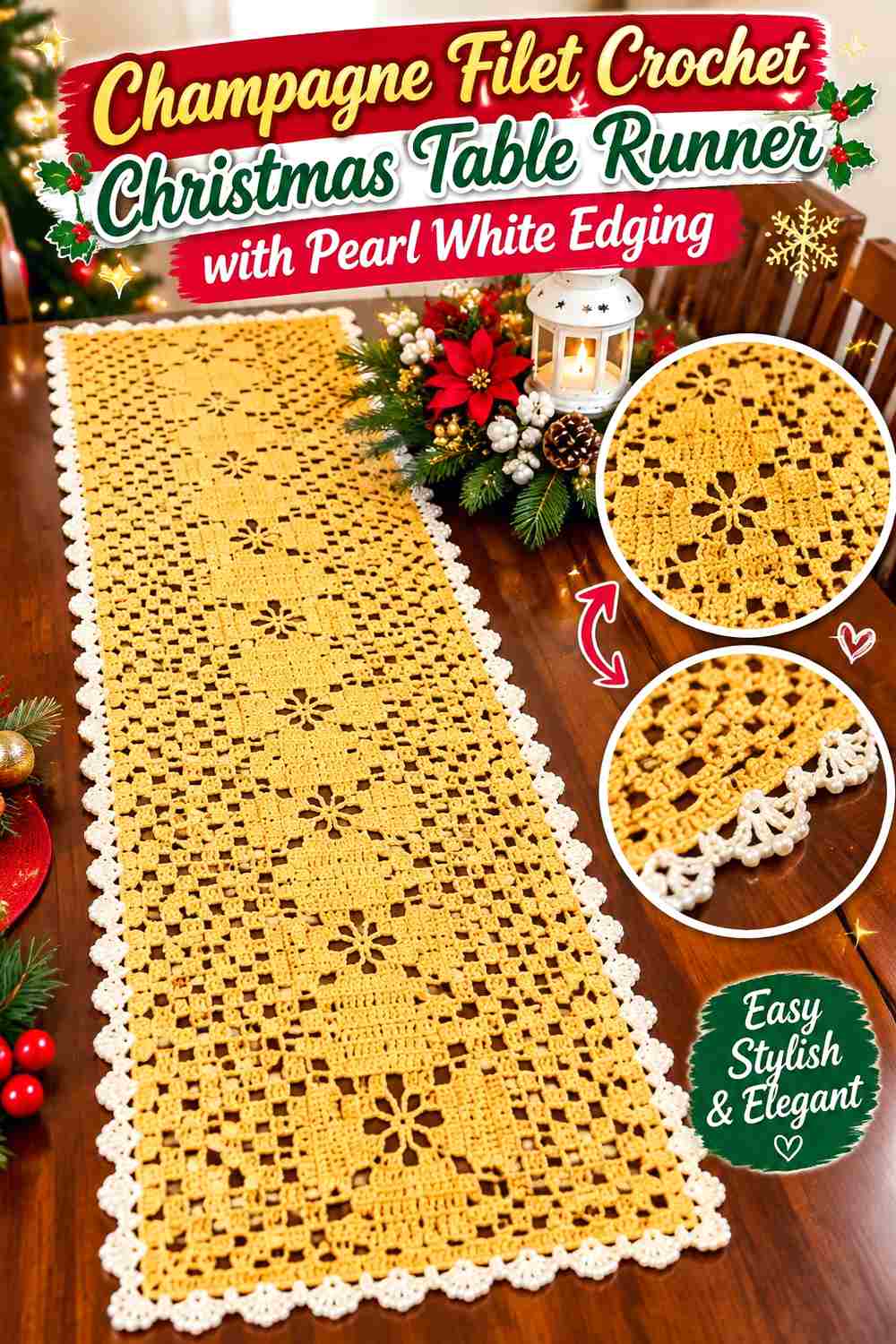 11. Champagne Filet Crochet Christmas Table Runner With Pearl White Edging