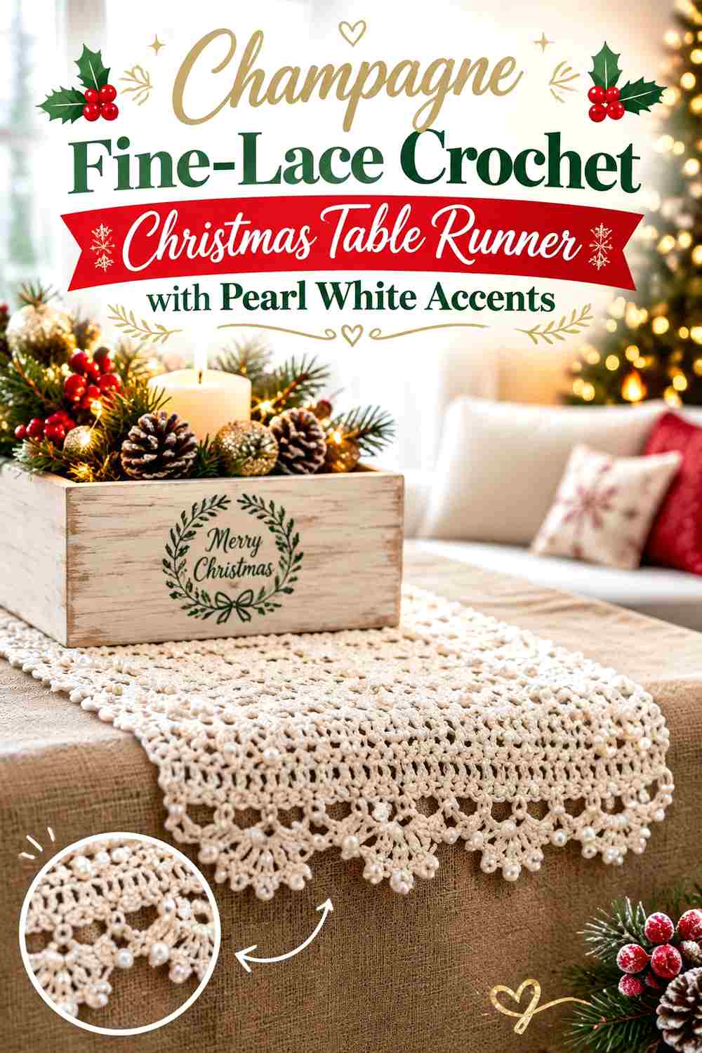 5. Champagne Fine Lace Crochet Christmas Table Runner With Pearl White Accents