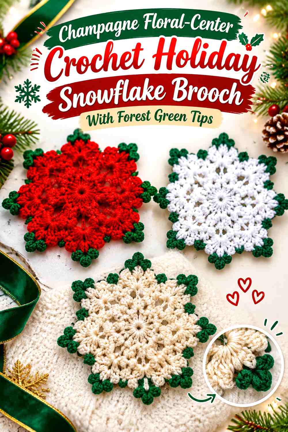 Champagne Floral-Center Crochet Holiday Snowflake Brooch With Forest Green Tips