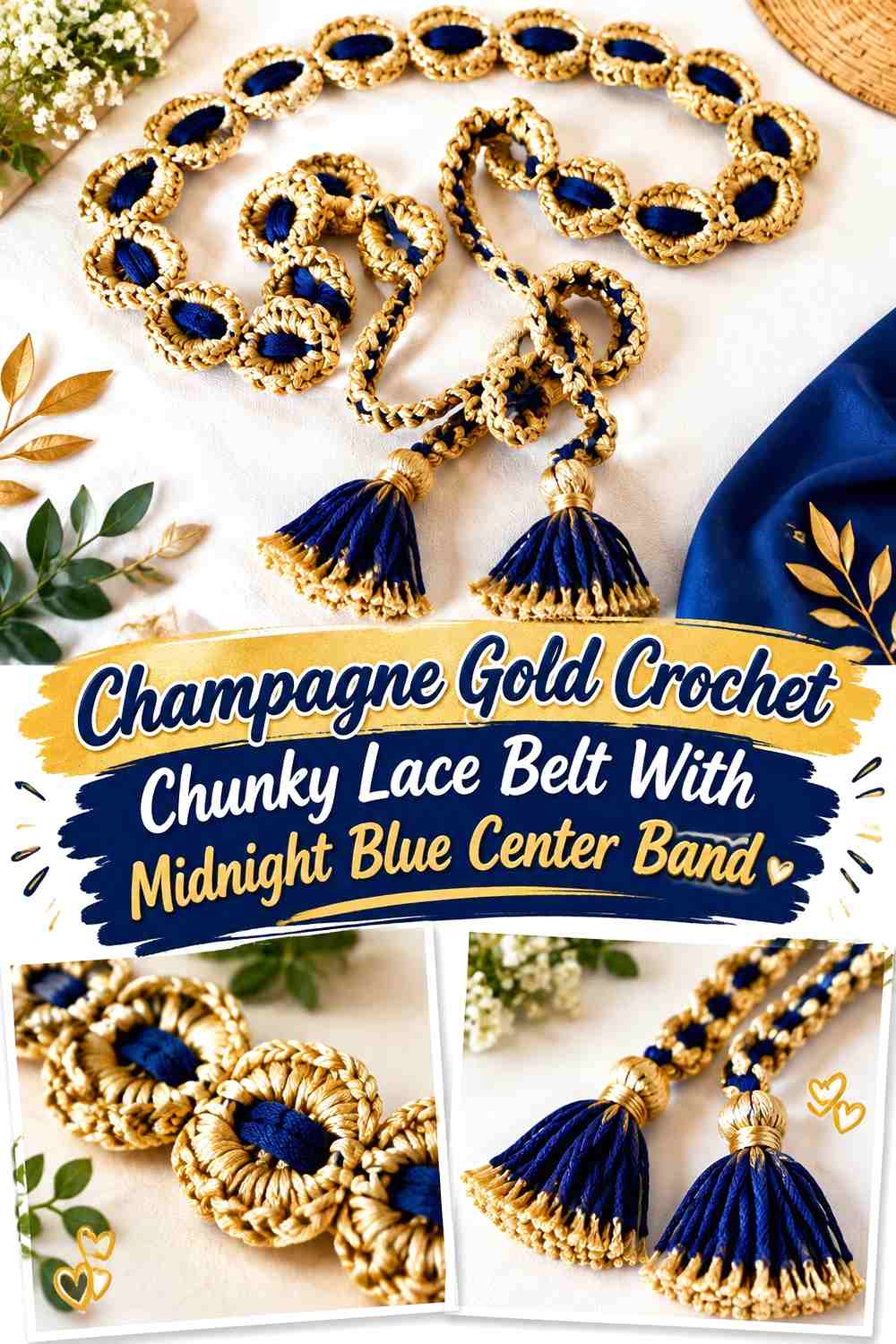 Champagne Gold Crochet Chunky Lace Belt With Midnight Blue Center Band