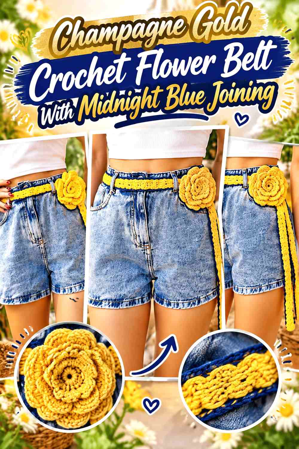 Champagne Gold Crochet Flower Belt With Midnight Blue Joining