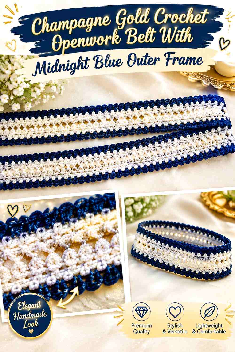 Champagne Gold Crochet Openwork Belt With Midnight Blue Outer Frame