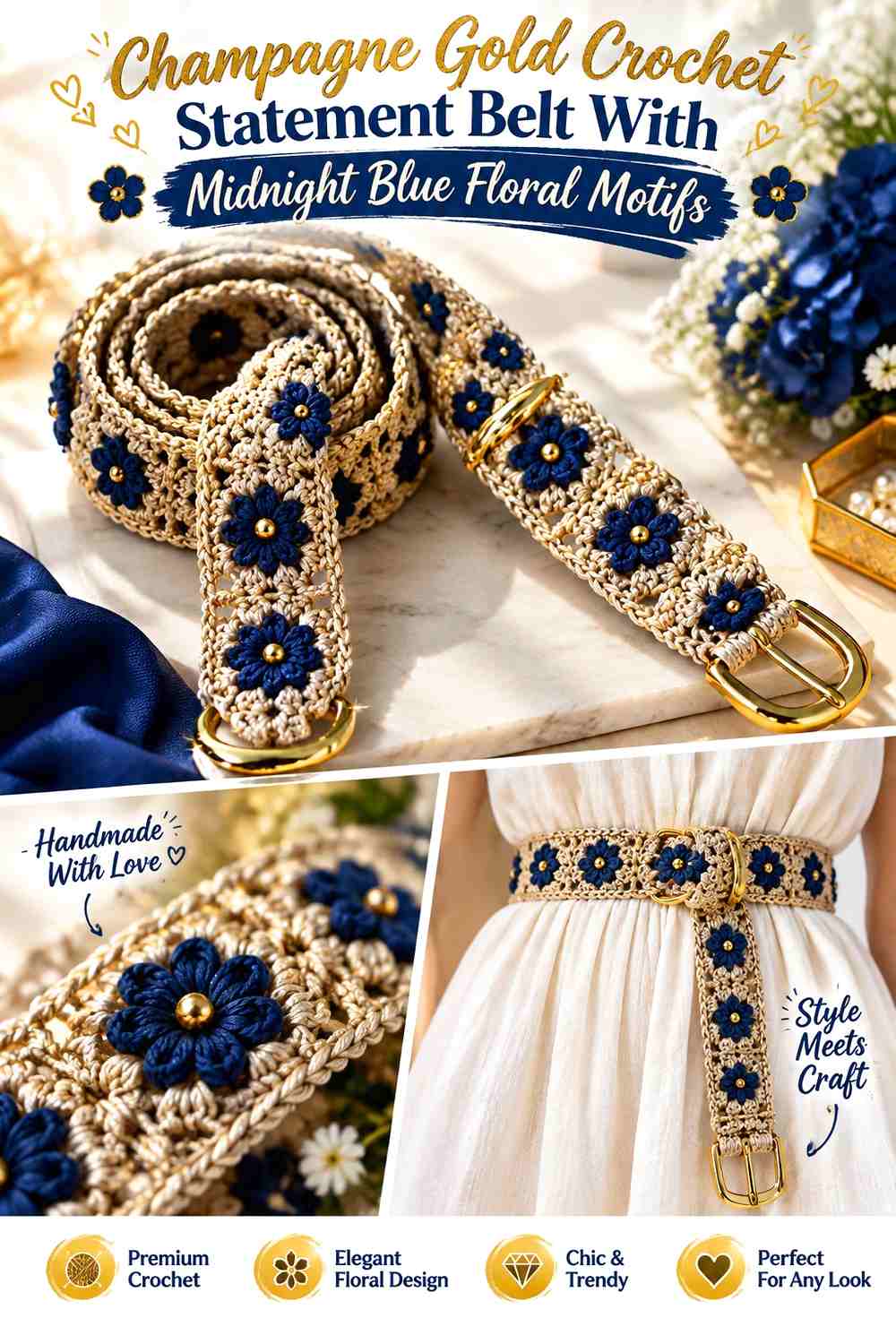Champagne Gold Crochet Statement Belt With Midnight Blue Floral Motifs