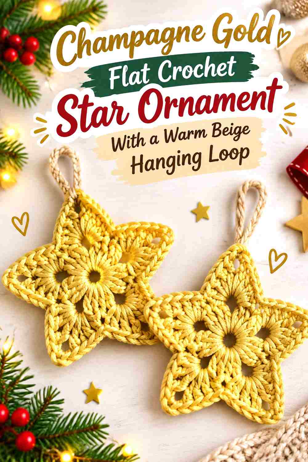 5. Champagne Gold Flat Crochet Star Ornament With A Warm Beige Hanging Loop