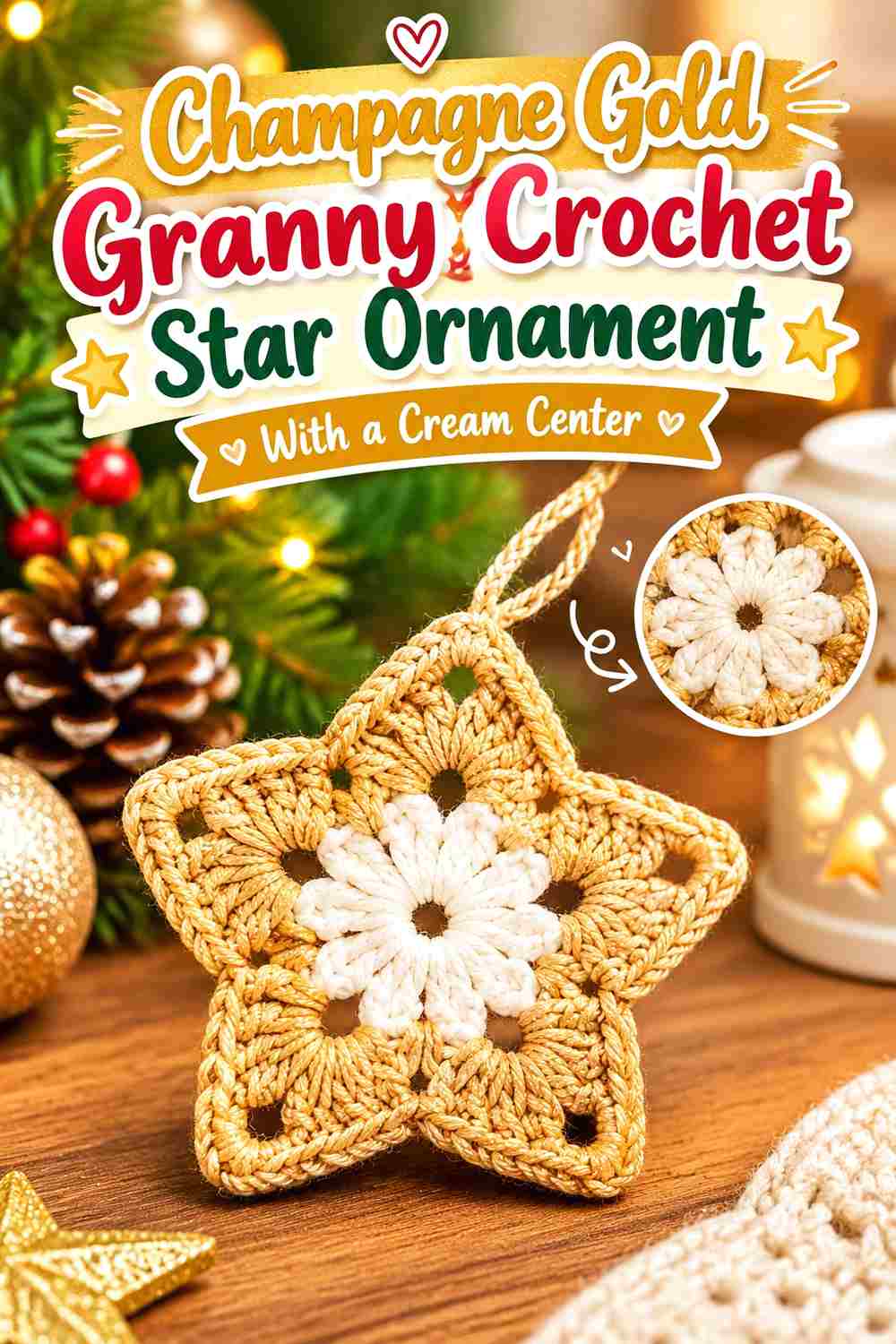 11. Champagne Gold Granny Crochet Star Ornament With A Cream Center
